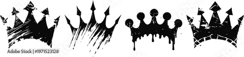 Illustrated black crown silhouettes set four unique royal emblem designs with rough and dripping ink