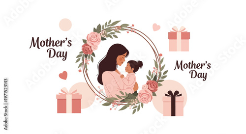 A delightful Mother's Day illustration features a mother lovingly holding her baby within a floral frame, complemented by gift boxes and heart icons, presented in a modern, minimalist style