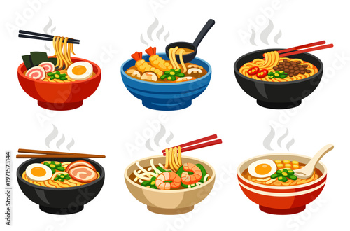 Assorted delicious hot ramen noodle soups in colorful bowls, featuring eggs, shrimp, pork, and vegetables