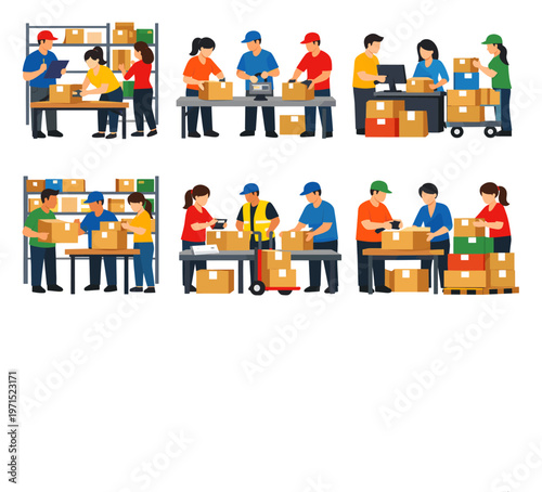 People working in a warehouse or fulfillment center, managing goods, dispatching packages, and organizing stock for e-commerce