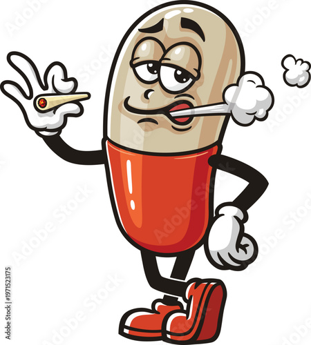 Cartoon mascot of a pill capsule is smoking