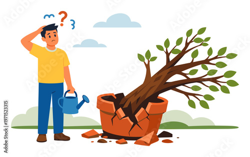 Man finding problems with business growth, strategy, or startup failure, a plant outgrowing its container