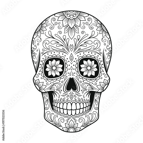 Intricate black and white sugar skull illustration with floral patterns and swirling designs