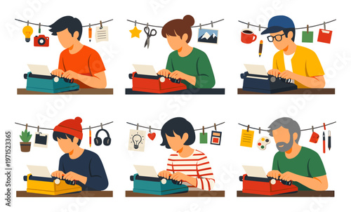 Diverse men and women writing stories and content on typewriters, surrounded by creative tools and inspiration