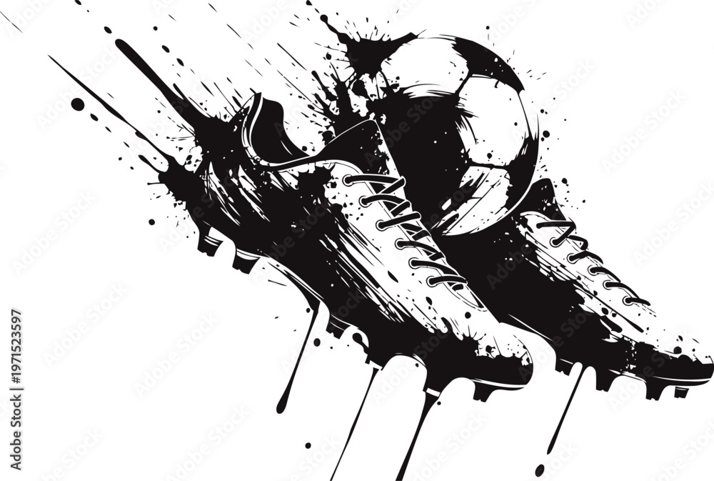 Obraz premium Dynamic soccer cleats kicking a ball with ink splash effect in monochrome