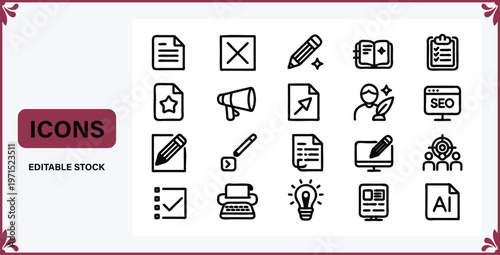 Collection of business and technology icons for design and marketing purposes on white background