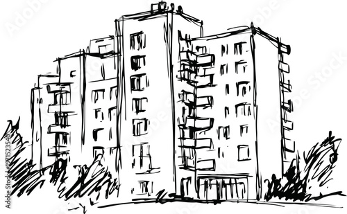 hand drawn sketch of a multi story apartment building surrounded by trees with balconies and windows