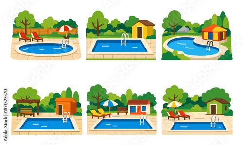 Varied collection of outdoor swimming pool designs. Backyard recreation areas with water, greenery, and relaxation items
