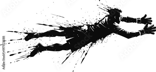 Goalkeeper diving save silhouette with ink splatter effect in dynamic action pose