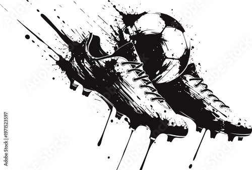 Dynamic soccer cleats kicking a ball with ink splash effect in monochrome