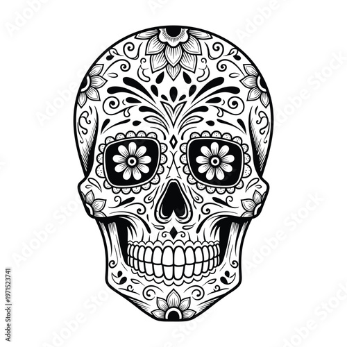 Intricate black and white sugar skull illustration with detailed floral and scroll patterns