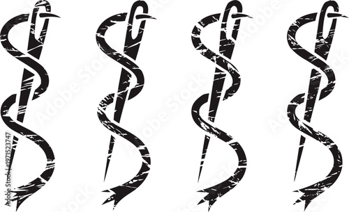 grungy caduceus symbols set with distressed texture medical and healthcare emblems with snake and staff design