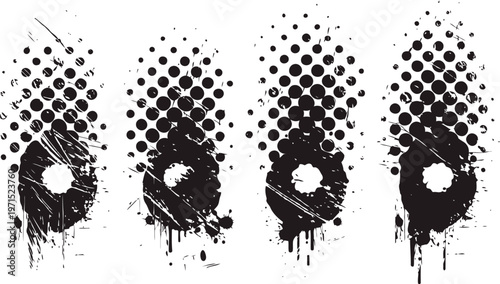 grunge vinyl record set with halftone dots and paint splatter design elements