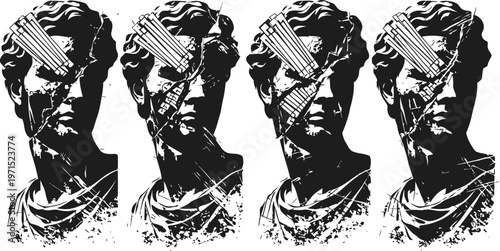 vector illustration of classical ancient greek bust with glitch effect in black and white