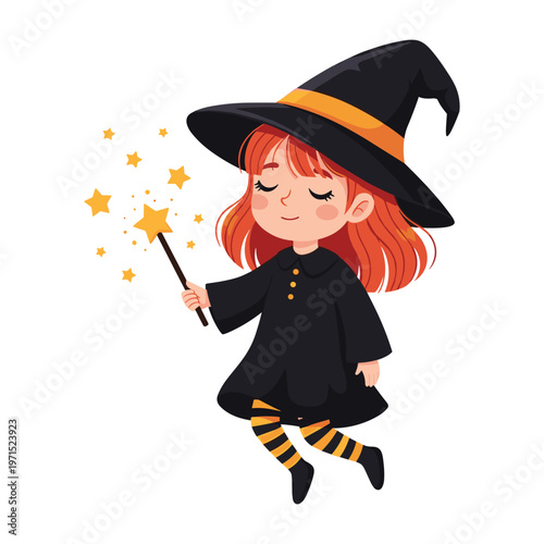 Cute little witch girl wearing a black hat and robe casting magic with a wand.