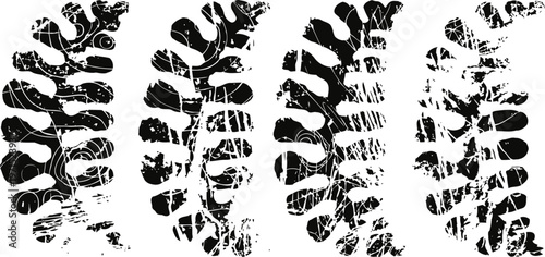Four black tire tracks with grunge texture on white background, vehicle marks, rough pattern