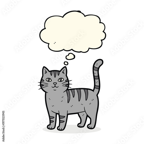 Cartoon gray tabby cat standing with an empty thought bubble above its head on a white background.