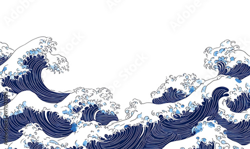 Great wave in ukiyo-e style, traditional Japanese art depicting stormy ocean. transparent png background