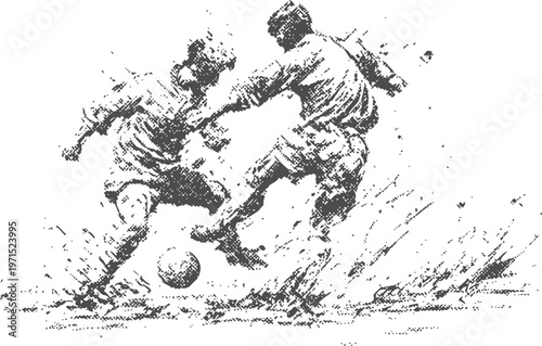 Dynamic black and white sketch of two soccer players competing intensely for possession of the ball