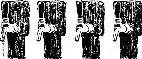 rustic wooden beer tap handles in black and white vintage illustration