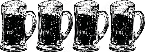Four frothy beer mugs in a row with foam heads and sturdy handles