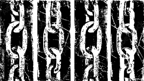Vertical grunge chain links pattern with distressed texture in black and white design