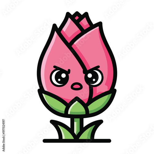 Cute and angry pink flower bud illustration with large eyes and a grumpy facial expression.