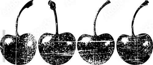 vintage distressed cherry illustration with four dark cherries and stems in row