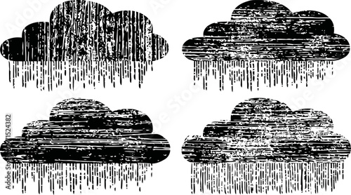 Grunge rain clouds set with rain drops silhouette texture, weather elements black distressed vector illustration