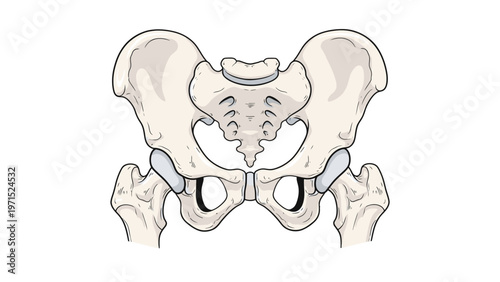 Detailed illustration of a human pelvis and hip bones against a clean white background.