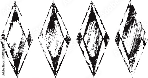 Four grunge diamond shapes with rough textured brush strokes, black vertical rhombus abstract design