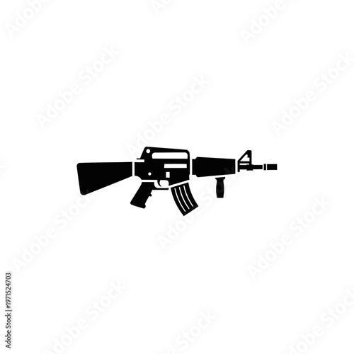 Black silhouette of an assault rifle icon on white background