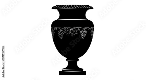 Black Silhouette of an Ornate Classic Urn with Grape Vine Motif