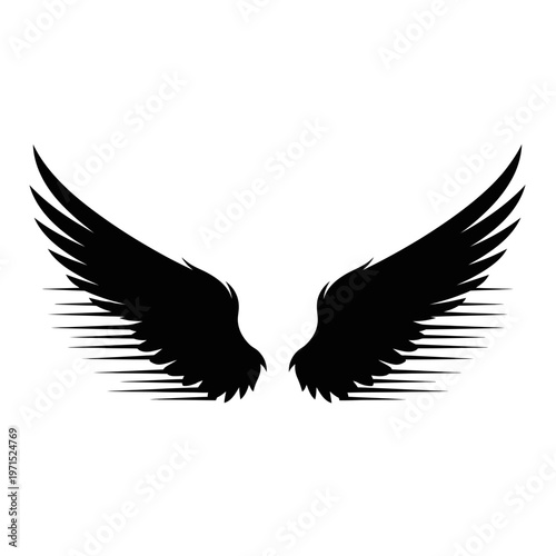 Black Silhouette of Angel Wings Isolated on White Background