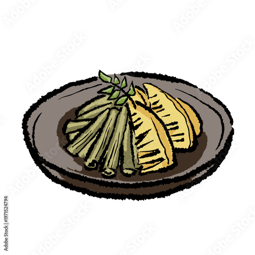 春の献立 たけのことふきの煮物　手描き筆タッチのイラスト