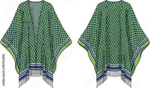 Green patterned kimono poncho illustration, front and back views with tassel details, fashion garment design, modern textile vector isolated on white background