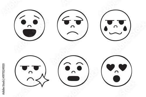 Fotografi Minimalist facial expression icons set in circular black outline style with vari