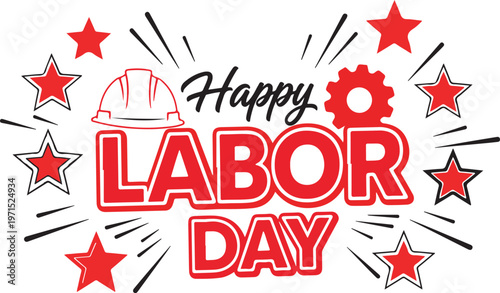 Happy labor day may day celebration honoring workers with stars gears and helmets a festive illustration