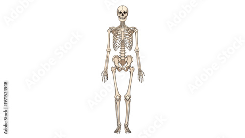 Full-body illustration of a human skeleton standing upright on a plain white background with detailed bones and a neutral expression.