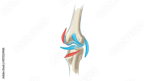 Anatomical illustration of a human knee joint with highlighted tendons and ligaments on a white background.