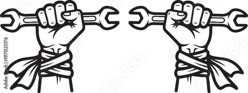 May day strength illustration of hands gripping wrenches as dumbbells celebrating workers' rights and labor day