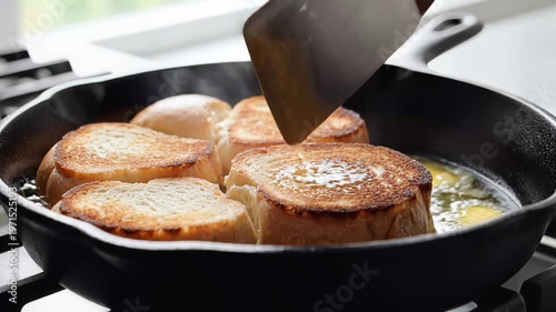 Golden Brown French Toast Slices Frying in a Cast Iron Skillet.