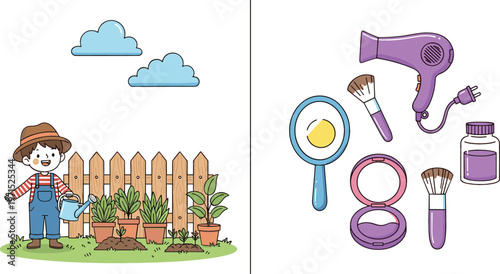 Boy gardener watering plants in garden and beauty makeup tools set with mirror hair dryer cosmetics vector illustration