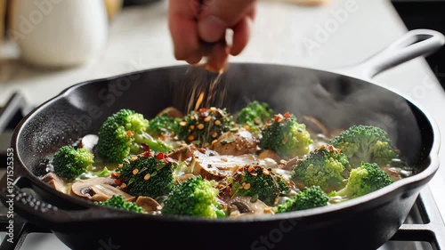 Fresh Broccoli and Mushrooms Sauted in a Cast Iron Skillet with Seasonings.