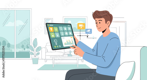 Man controlling smart home using tablet modern technology illustration
