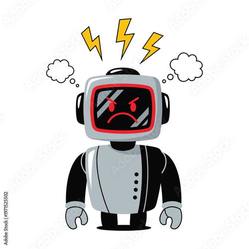 An angry robot character with a screen face showing a red frowning emoticon expression