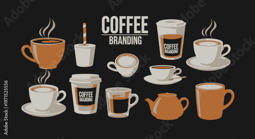 Variety of coffee cups and teapot.