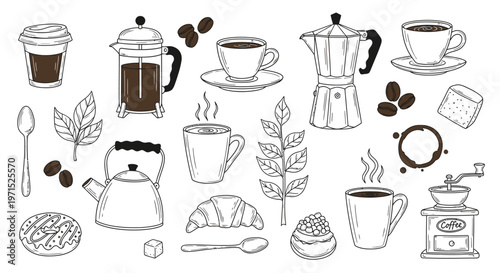 Coffee cups and coffee makers illustration.