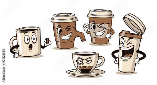Cartoon coffee cups with faces.