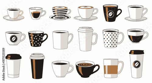 Variety of coffee cups and mugs.